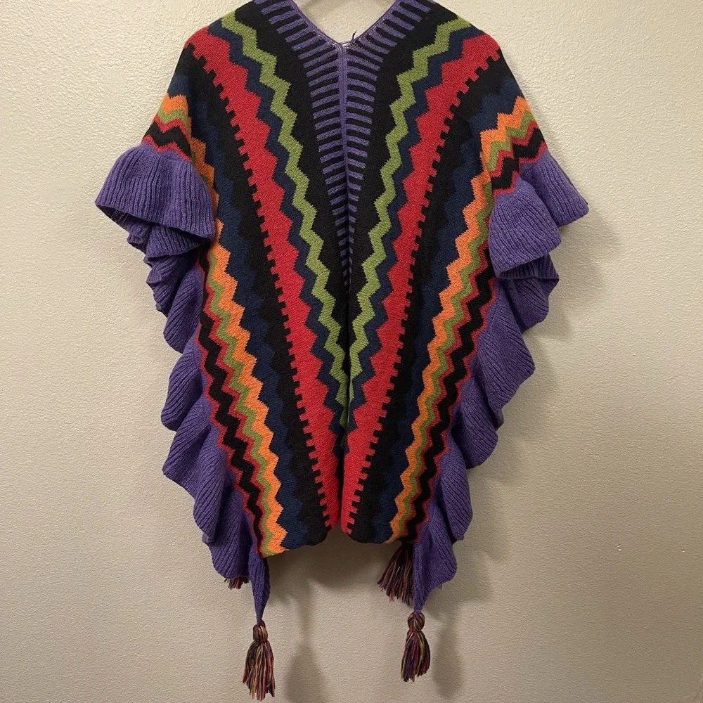 NEW JC Sunny Maximalist Boho Poncho Shawl Wrap Tassels Ruffles Colorful Ethnic
